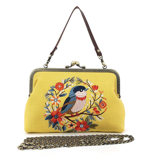 Cute Bird Kiss Lock Bag In Linen Blend